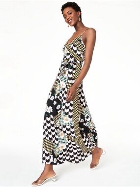 Bar III Maximalist Geometric Floral Spaghetti-Strap Wrap Maxi Dress